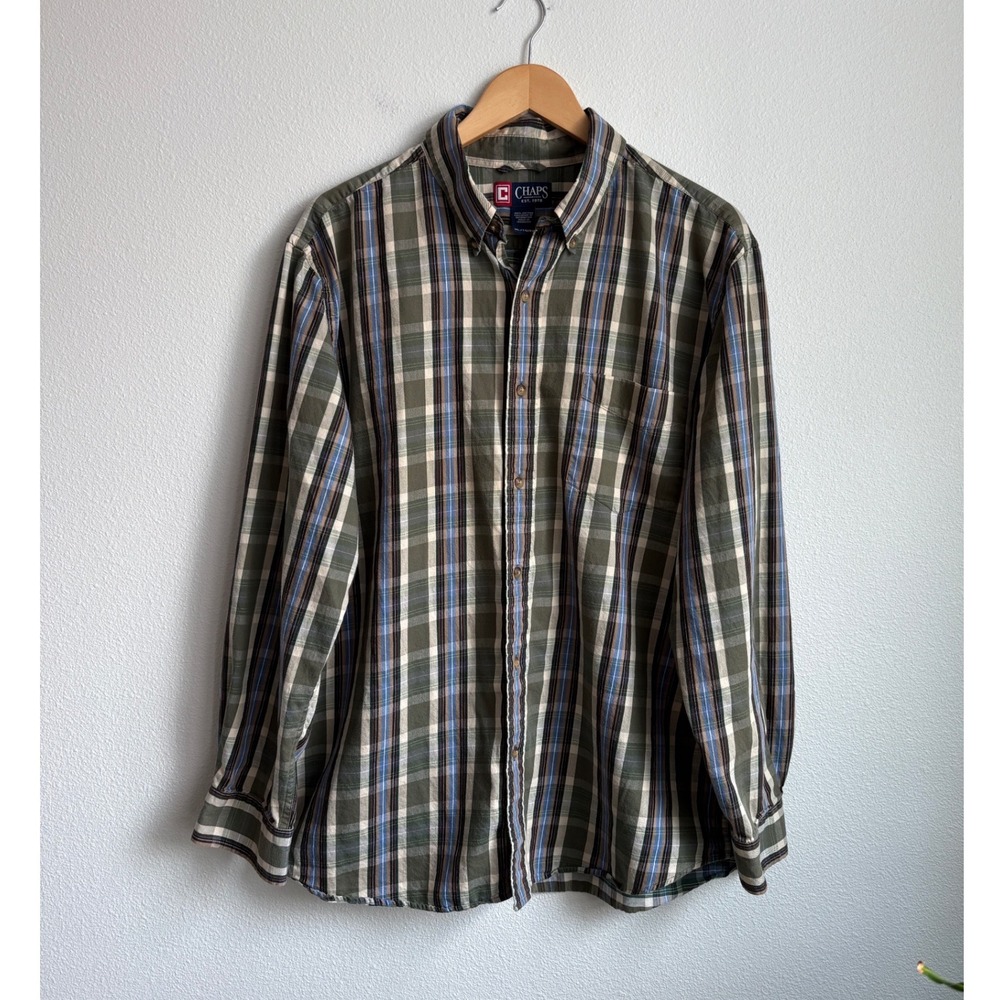 Chaps Mens XL Plaid Button Down Shirt Olive Green Blue Long Sleeve Cotton Top